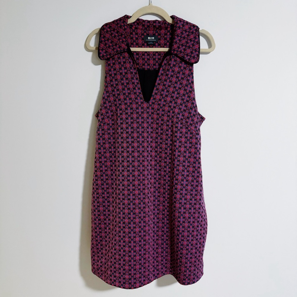 Maeve - Red and Blue Retro Floral Print Collared Jacquard Dress